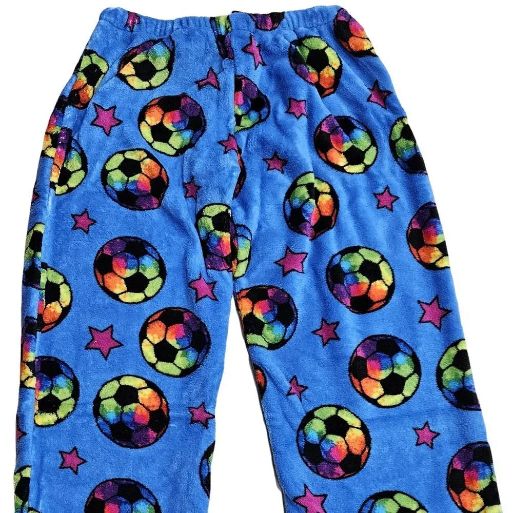 Girls' Plush Pajama Pants, Size Small, Colorful Soccer Balls Print